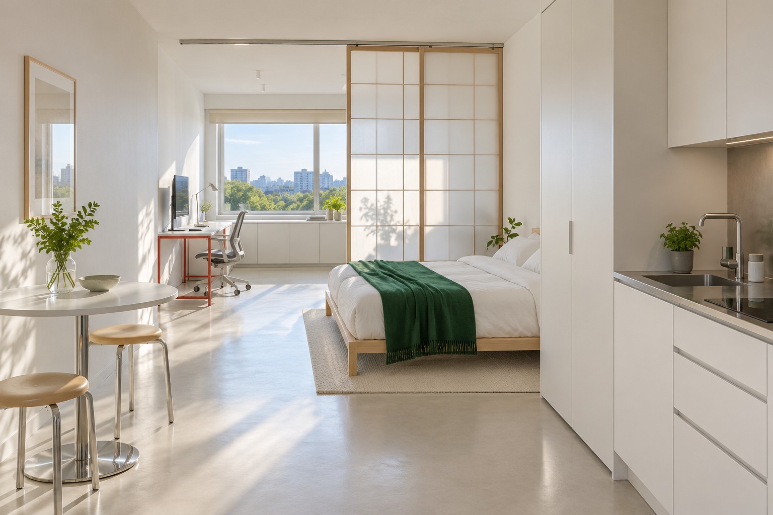 Bright studio with a white kitchenette and wardrobe on the right, a bed with an emerald throw, translucent timber-grid sliding panels and a vermilion steel desk by the window beyond.